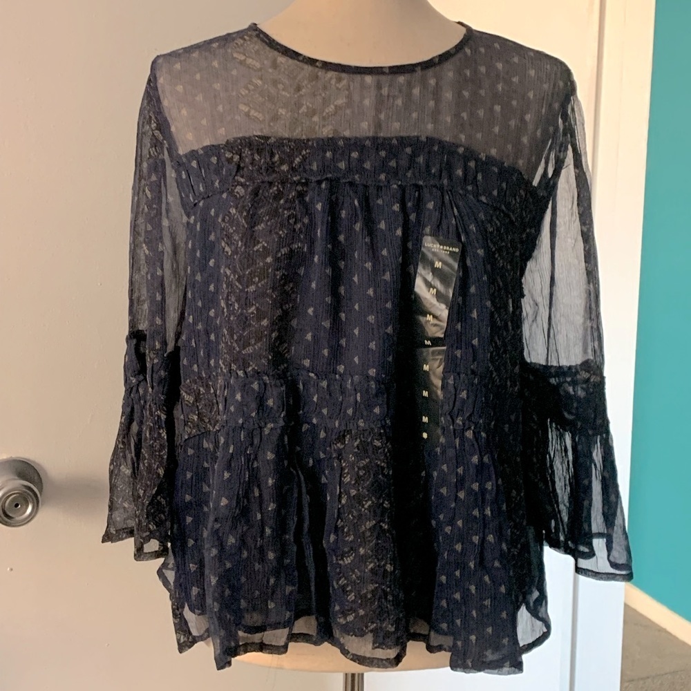 Lucky Brand Navy Sheer Peasant Blouse